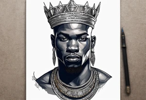 Black-skinned bald african warrior king with a simple silver crown. He uses blue necklaces and has a sword tattoo idea