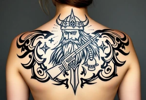 A Viking in the battlefield surrounded by Viking symbols and patterns. Hidden in the patterns is an Australian army rifle and slouch hat. tattoo idea