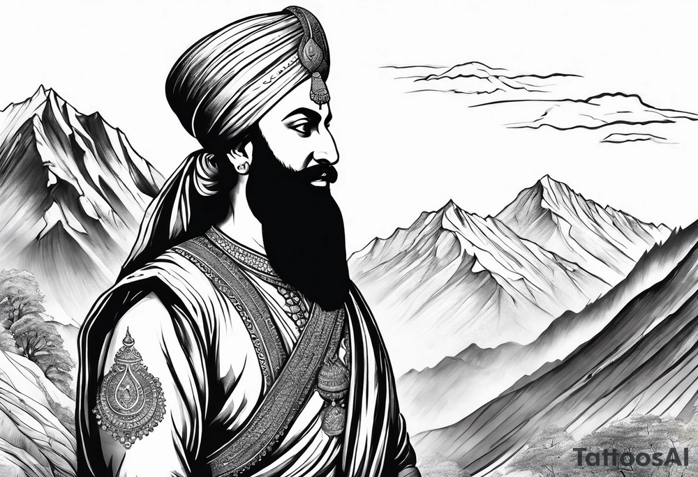Guru gobind singh ji standing on a mountain tattoo idea