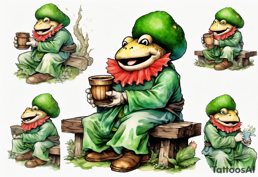 Toad from super mario with a long moss beard wearing a medieval tunic drinking from a wood cup, sitting on a bench laughing tattoo idea