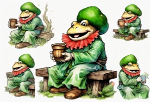 Toad from super mario with a long moss beard wearing a medieval tunic drinking from a wood cup, sitting on a bench laughing tattoo idea
