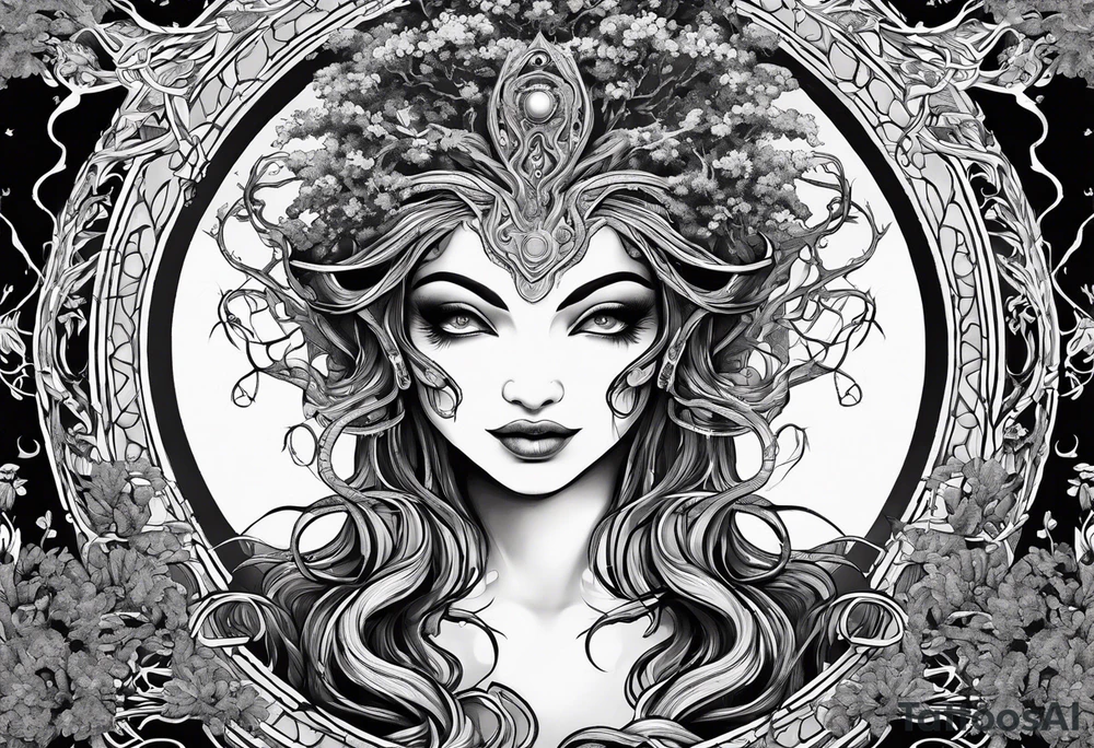 The deity Pan is entwined in a tree which is a portal tattoo idea