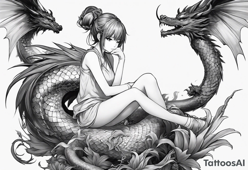 a full shot of an anime girl seen from far, sitting on a ball and surrounded by asian dragon with wings tattoo idea