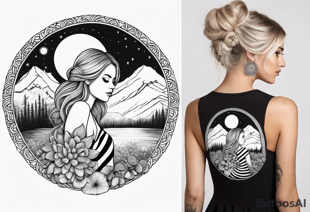 Straight blonde hair girl facing away toward mountains surrounded by mushrooms crescent moon mandala circular design black and white striped dress "8" in hair tattoo idea
