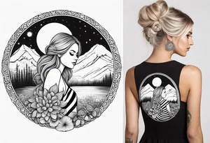 Straight blonde hair girl facing away toward mountains surrounded by mushrooms crescent moon mandala circular design black and white striped dress "8" in hair tattoo idea