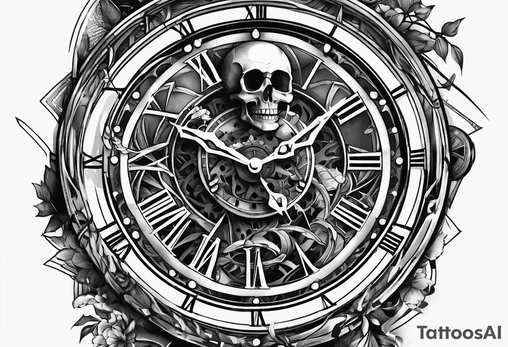 Broken clock with skeleton fingers on hand tattoo idea