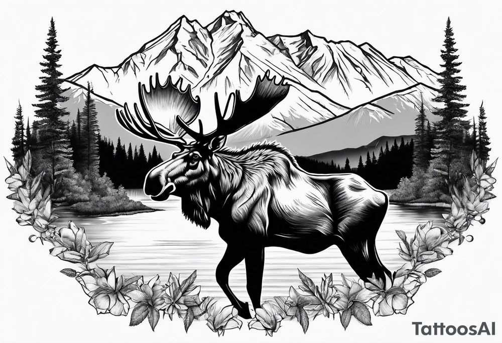 moose with mountain in the background tattoo idea