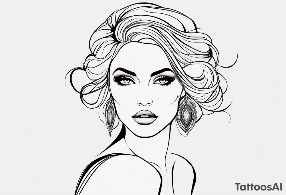a line tattoo style design of a beautiful woman. The design features elegant lines that capture the essence of the woman’s features and form. It’s set against a white background, emphasizing the clean and minimalistic approach of the line art. The design focuses on the contours and shapes, creating a striking visual piece. tattoo idea