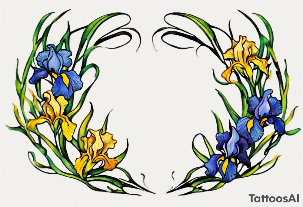 Create a small colorful Vincent van Gogh Irises tattoo in the form of a crescent, with vines gracefully intertwining at a central point in the middle of the wreath. Ensure that the design avoids the appearance of a bush and maintains a more structured and deliberate arrangement. The intended placement is on the upper chest. The overall design should be small in size while maintaining a delicate and artistic aesthetic. Pay attention to the graceful flow of the vines and the placement of the irises to achieve a refined and elegant look. tattoo idea