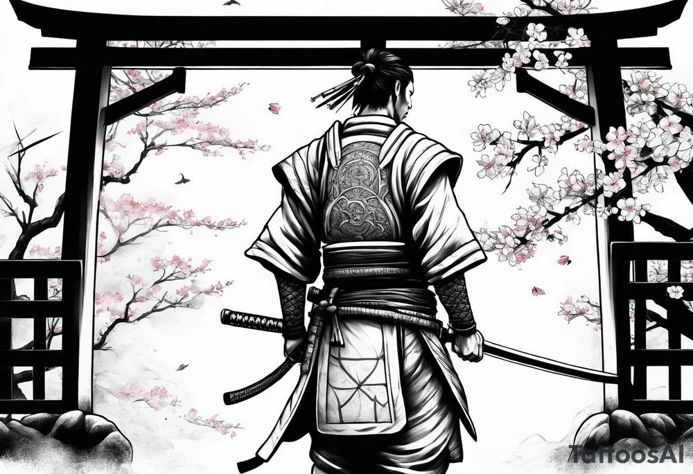 Lonesome samurai warrior standing behind a Tori gate depicting memento mori and cherry blossom leaves falling around him tattoo idea