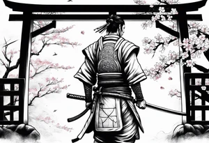 Lonesome samurai warrior standing behind a Tori gate depicting memento mori and cherry blossom leaves falling around him tattoo idea
