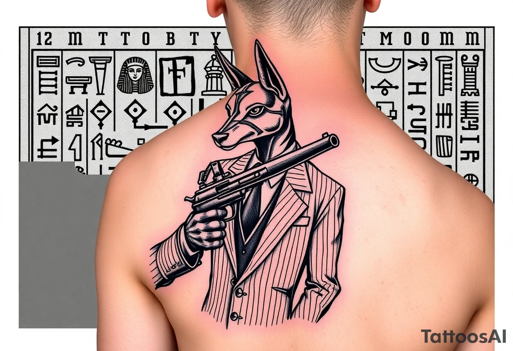 "Anubis in a 1920s gangster pinstripe suit, holding a tommy gun. His jackal head is half-cyborg (exposed circuits). Hieroglyph background spells 'BTC TO THE MOON'.  

Style: Art Deco meets cyber-Egyptian. Black/red/gold ink. Forearm sleeve." tattoo idea