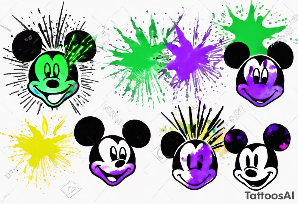 Simple Mickey head in black with watercolor fireworks behind in green purple and yellow. tattoo idea