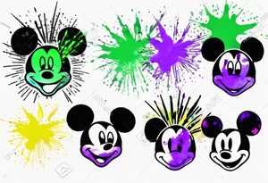 Simple Mickey head in black with watercolor fireworks behind in green purple and yellow. tattoo idea