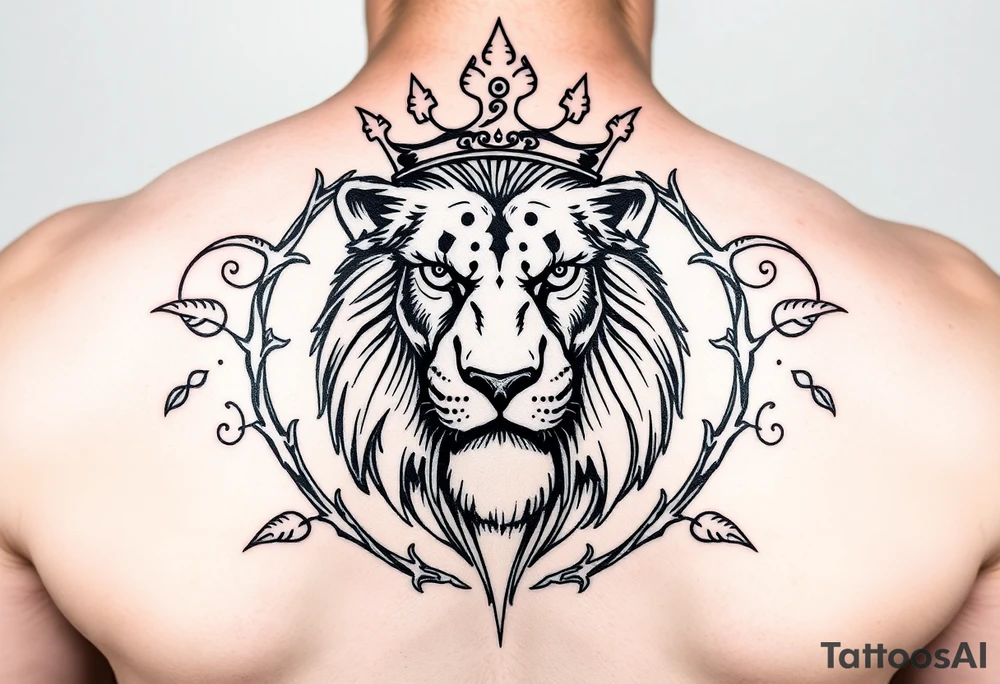 powerful majestic lion with a crown, surrounded by thorns ornaments tattoo idea