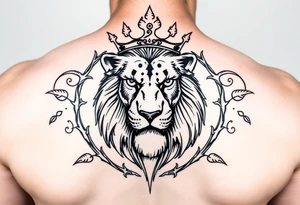 powerful majestic lion with a crown, surrounded by thorns ornaments tattoo idea