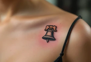 A miniature Liberty Bell shaded in black and brown, a nod to American freedom and resistance. tattoo idea