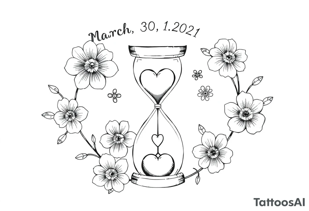 March 30, 2021, flowers, 4:30 am, mom and daughter, love, sand clock, hearts, baby girl, infinity love tattoo idea