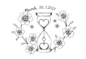 March 30, 2021, flowers, 4:30 am, mom and daughter, love, sand clock, hearts, baby girl, infinity love tattoo idea