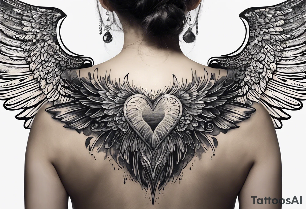 fingerprint heart for back of the neck, with quote "the ocean knew her story" going down the spine , with dying angel wings on the rest of the back tattoo idea