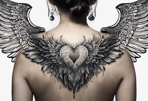 fingerprint heart for back of the neck, with quote "the ocean knew her story" going down the spine , with dying angel wings on the rest of the back tattoo idea