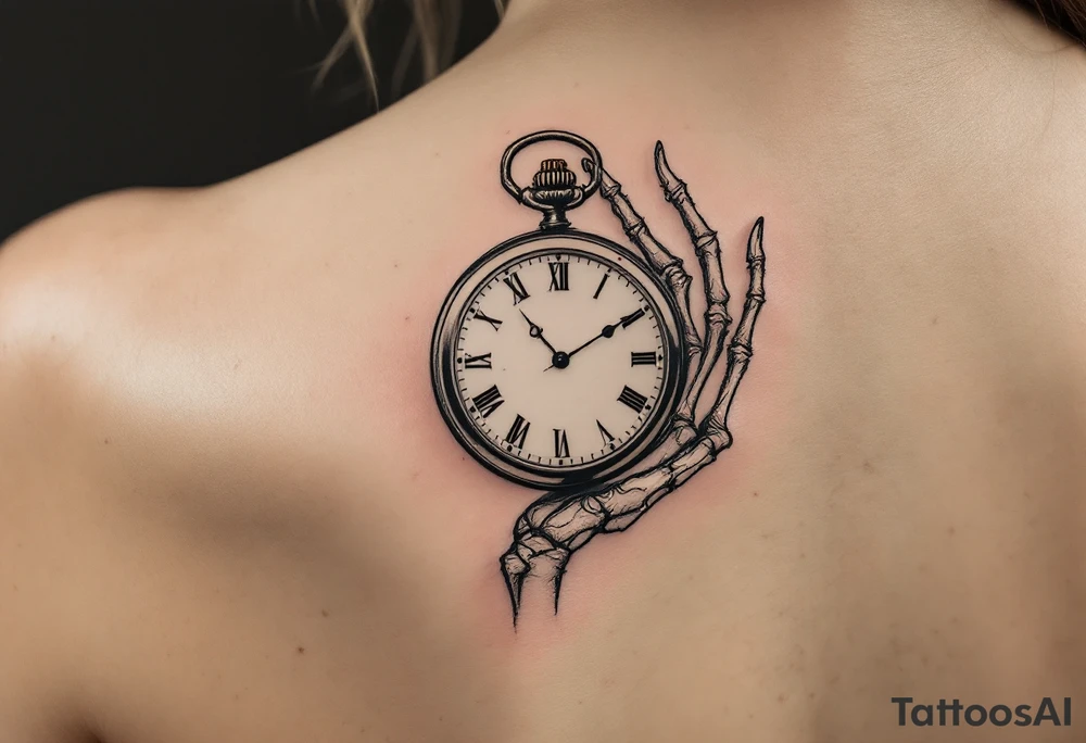 A monochrome skeleton hand holding a ticking pocket watch with gold highlights, "memento mori" engraved across the watch face. tattoo idea