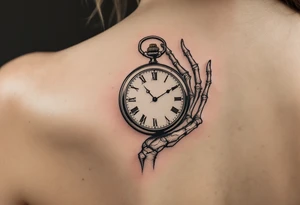 A monochrome skeleton hand holding a ticking pocket watch with gold highlights, "memento mori" engraved across the watch face. tattoo idea