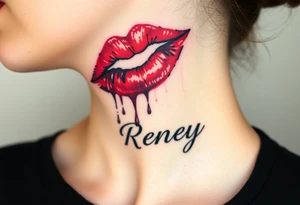Seductive Stain from lipstick kiss with name Reney lowercase with drool tattoo idea