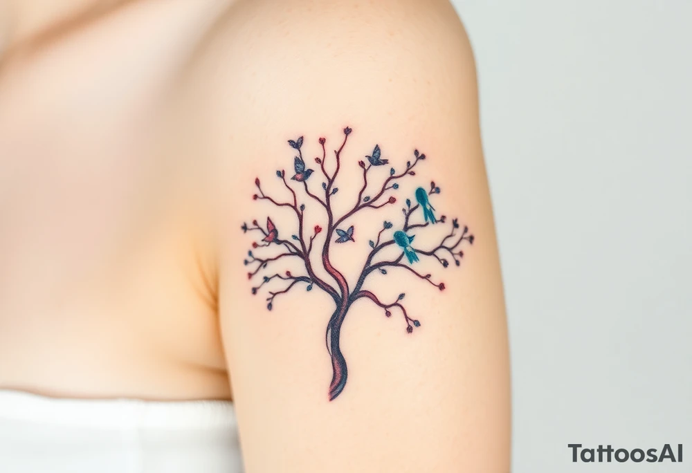 A delicate tree with tiny birds flying from its branches, representing the growth and independence of each family member tattoo idea