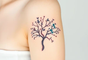 A delicate tree with tiny birds flying from its branches, representing the growth and independence of each family member tattoo idea