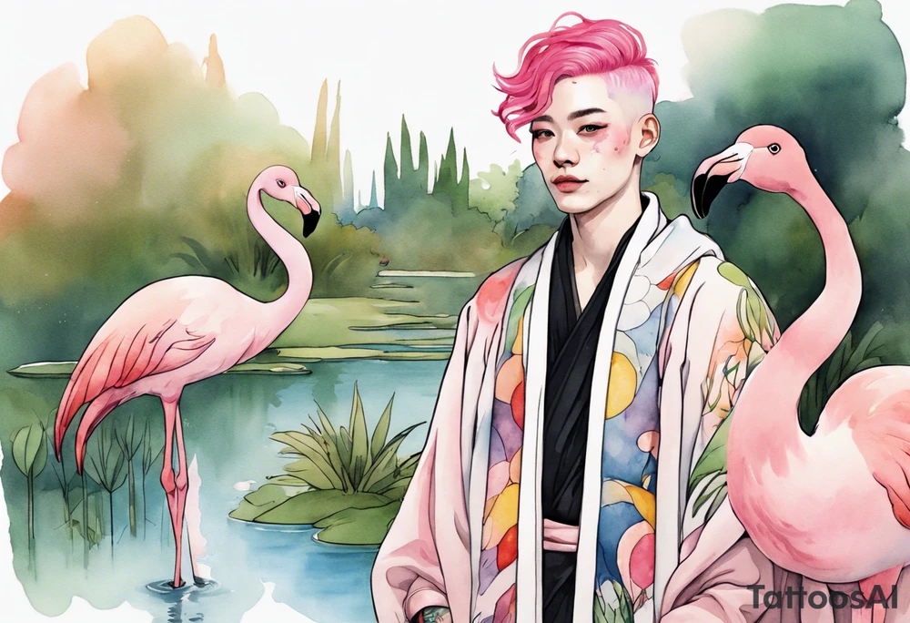 a smiling nonbinary person with pink hair wearing a rainbow medieval robe standing next to a single flamingo near a pond tattoo idea