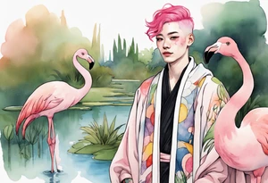 a smiling nonbinary person with pink hair wearing a rainbow medieval robe standing next to a single flamingo near a pond tattoo idea