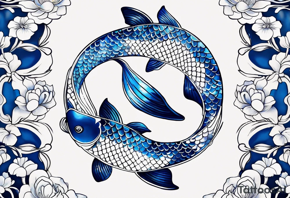 Two Blue and white  Koi swimming between and lotus flowers tattoo idea