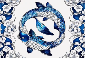 Two Blue and white  Koi swimming between and lotus flowers tattoo idea