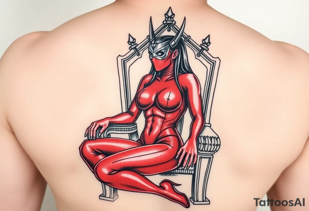 powerful female dominatrix wearing a red latex catsuit wearing a facemask sitting on her throne tattoo idea