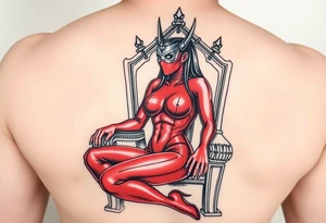 powerful female dominatrix wearing a red latex catsuit wearing a facemask sitting on her throne tattoo idea