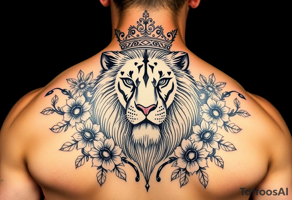 powerful majestic lion with a crown, surrounded by floral ornaments and birds tattoo idea
