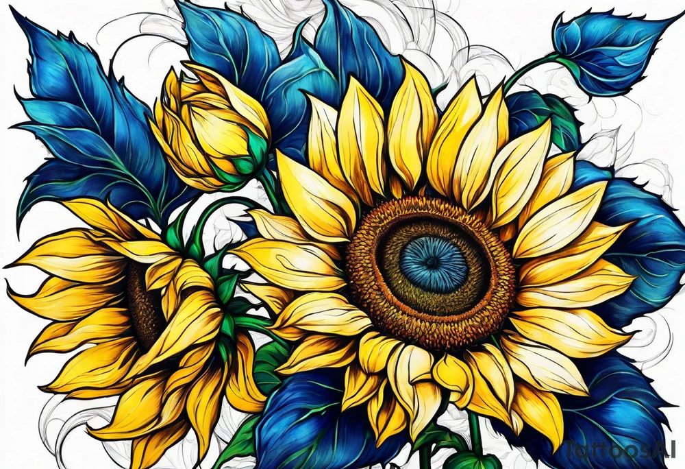 a yellow sunflower bloom with blue highlights tattoo idea