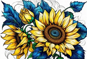 a yellow sunflower bloom with blue highlights tattoo idea