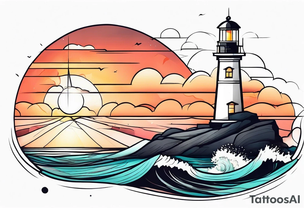 lighthouse and rough sea in a beautiful sunset geometric tattoo idea