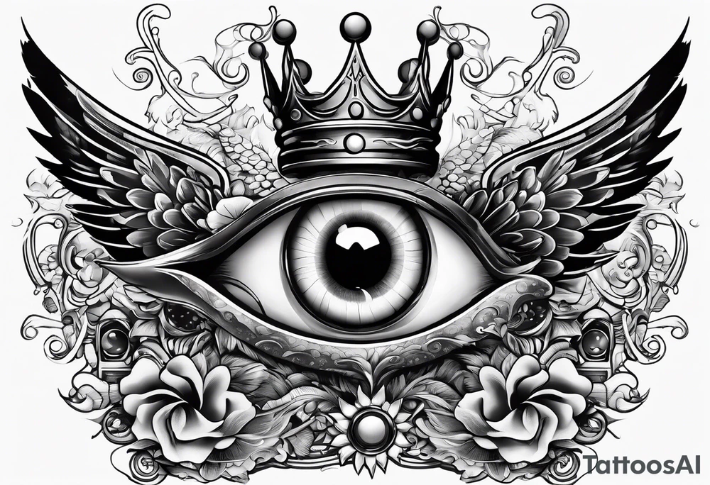 big eye with wings and crown tattoo idea