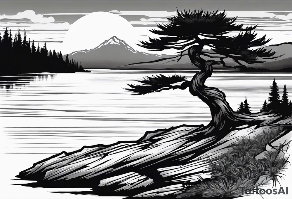 Sleeve tattoo windswept pine tree before lake with low cliff face on another side of lake. Mastiff silhouette in the foreground. with a dock coming out from the shore. Canadian shield tattoo idea
