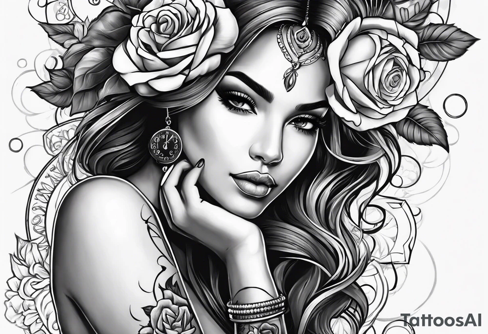 Hispanic/ Latin  goddess, love, forgiveness, strength, peace, cancer zodiac , small clock on face, rose tattoo idea
