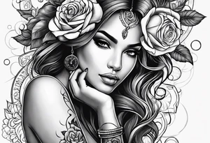 Hispanic/ Latin  goddess, love, forgiveness, strength, peace, cancer zodiac , small clock on face, rose tattoo idea