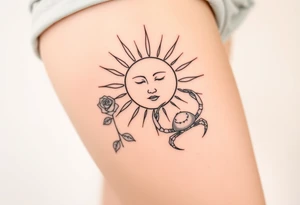 Sun with simple face, lines coming from
Sun, rose, and crab traditional tattoo idea