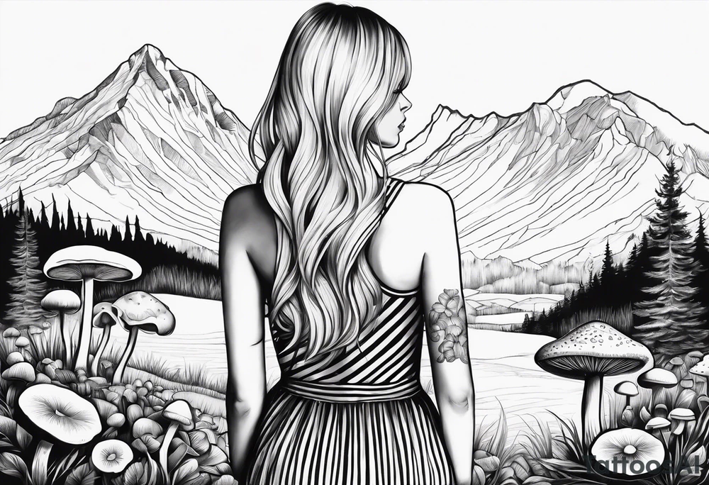 Straight blonde hair girl holding mushrooms in hand facing away toward mountains surrounded by mushrooms circular design black and white striped dress tattoo idea