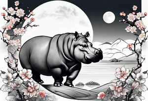 Asymmetrical, geometric, chinese ink art touch, hippo , full moon, wintersweet flower, light , modify from my favourite, s-shape tattoo idea