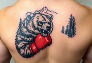 grizzly bear wearing boxing gloves for a match as a person would. The surrounding area is mountainous jungle tattoo idea