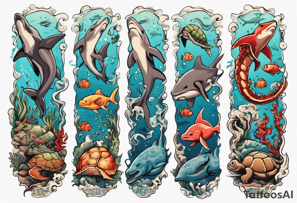 An arm sleeve of an aquatic scene of sea animals, including a hammerhead shark, a turtle, an octopus, and a colorful fish tattoo idea