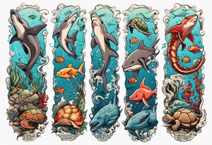 An arm sleeve of an aquatic scene of sea animals, including a hammerhead shark, a turtle, an octopus, and a colorful fish tattoo idea